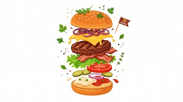 Deconstructed Gourmet Burger with Floating Ingredients on White Background