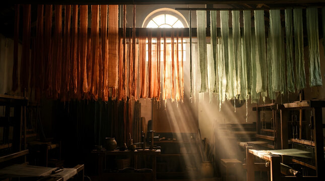 Textile workshop fabric sunbeam window hanging loom Rustic textile workshop interior with hanging fabric strips beside loom and wooden bench, warm sunbeam through arched window, dusty air creating