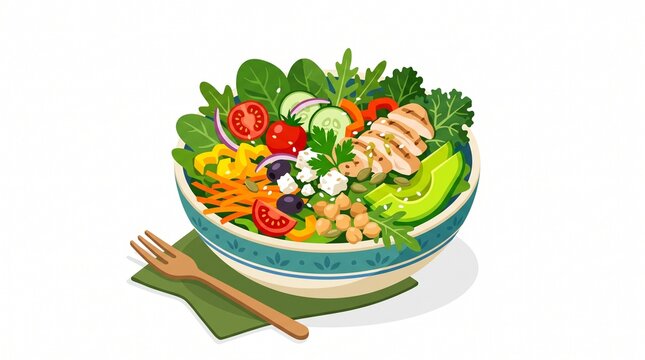 Healthy Chicken Salad Bowl Flat Vector Illustration with Avocado, Chickpeas and Feta