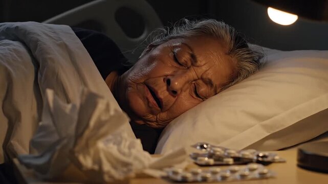 Elderly Woman Sleeping In Hospital Bed With Medication