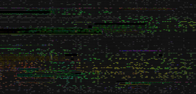 Abstract digital glitch art background with pixelated grid texture cyber punk style neon purple and green glowing light streaks distortion effect horizontal lines