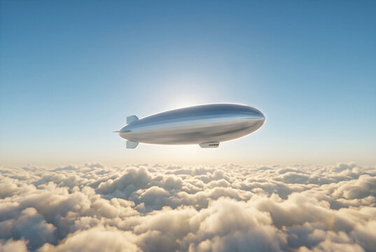 Sleek silver zeppelin flying above fluffy white clouds in a bright blue sky with bright sunlight