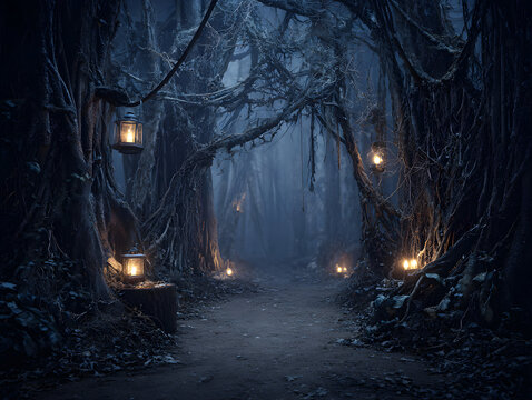 Haunted blue forest pathway with glowing lanterns pumpkins twisted branches and deep shadows creating a chilling Halloween atmosphere