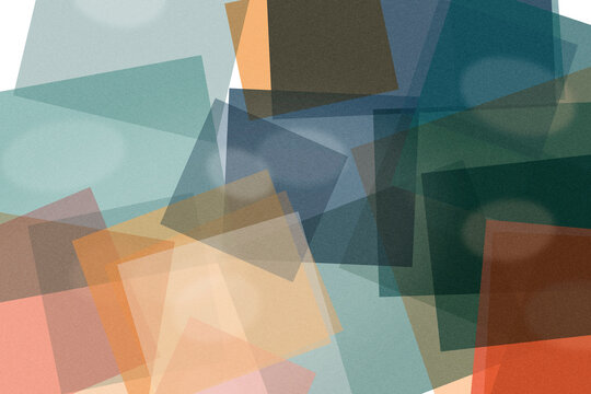 Muted blocks and cube-like shapes overlap in teal, blue, and warm brown, forming a subdued abstract mood ideal for cinematic titles or product pages.