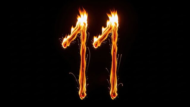 Flaming number 11 against a stark black backdrop, vibrant flames, celebratory