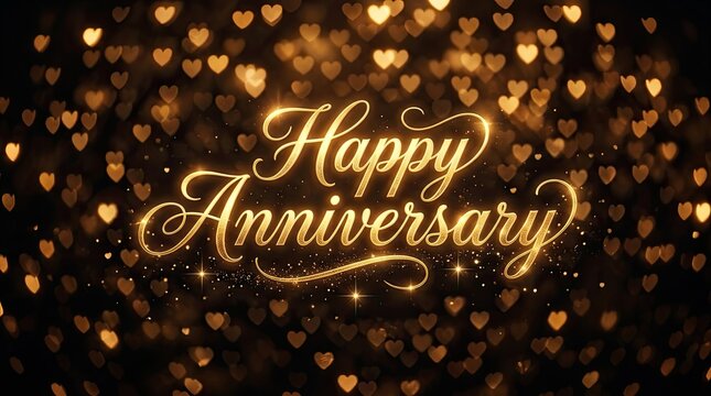 Elegant happy anniversary text in gold calligraphy against a dark background with glowing heart shaped bokeh lights