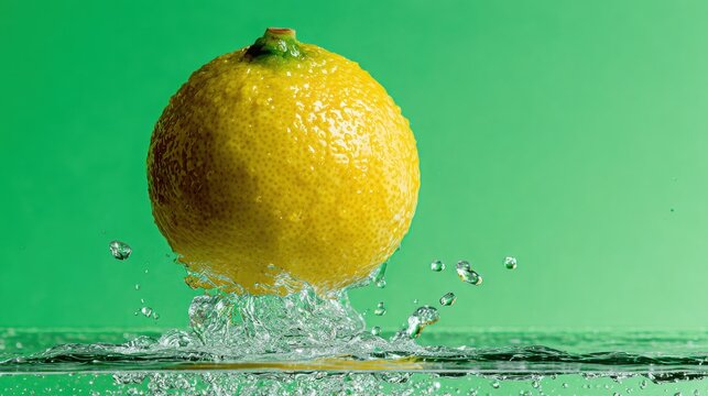Fresh Lemon Splashes in Water Against Green Background