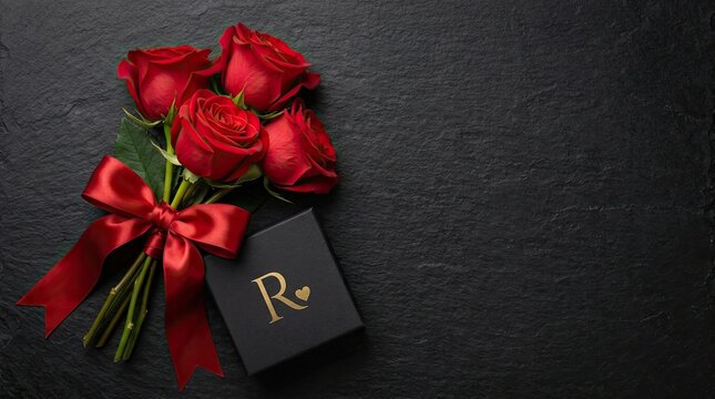 A beautiful bouquet of red roses tied with a ribbon next to a small black gift box