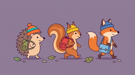 Obraz premium Cartoon Animals Heading to School with Backpacks and Hats