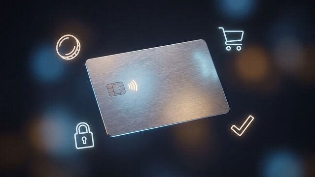 Digital payment security concept, contactless credit card with lock icon, shopping cart and verification checkmark, fintech transaction, online purchase, fraud protection and ecommerce security