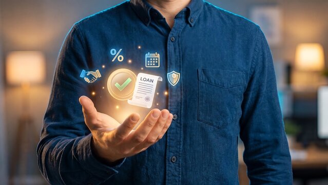 Loan approval process concept, businessman holding digital icons with checklist, interest rate, calendar, security shield, credit verification, document management and financial planning