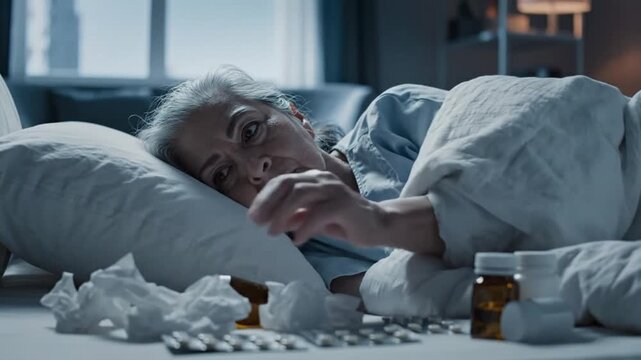 Elderly Woman Ill In Bed Reaching For Medication Slow Motion