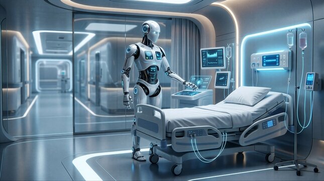 Futuristic Hospital Robot 3D render humanoid robot hospital room futuristic design blue lighting