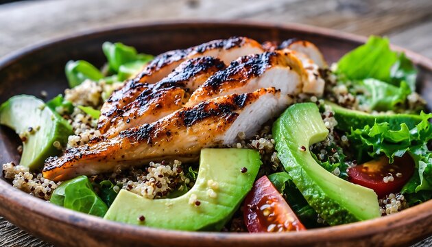 Grilled Chicken Breast Salad with Avocado and Quinoa on Rustic Wooden Plate, Healthy Meal Close-up