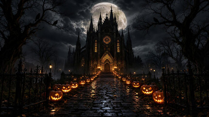 Obraz premium Spooky Gothic Cathedral with Full Moon and Pumpkins Pathway Background