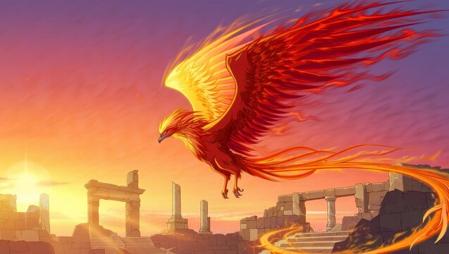 Majestic Phoenix Rises from Ancient Ruins at Sunset