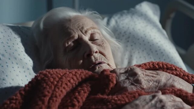 Elderly Woman Resting Peacefully Under Cozy Red Blanket In Bed