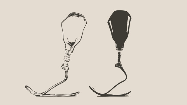 Prosthetic leg designs featuring black and white vector line art style isolated on a soft neutral beige background for medical