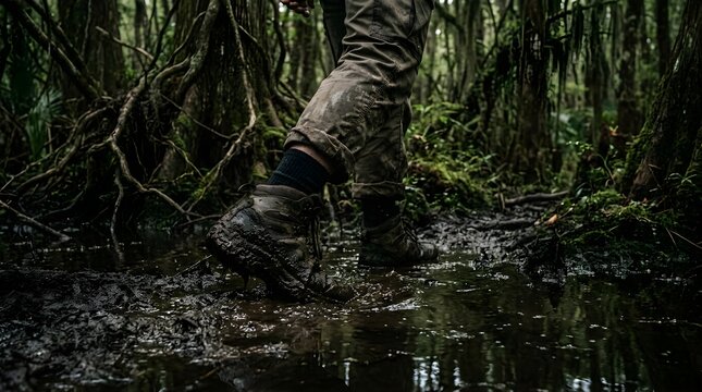 Hiker trekking through muddy swamp forest, low angle side profile view