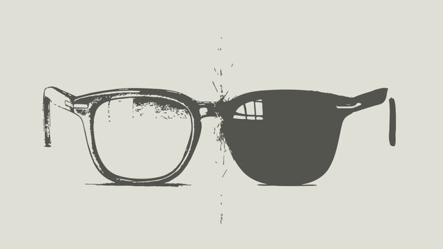 Minimalist vector illustration featuring stylish retro eyeglasses divided by a sharp contrast between clear transparency and deep solid dark shadow