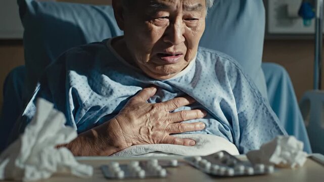 Elderly Man Experiencing Chest Pain In Hospital Bed 4K Slow Motion