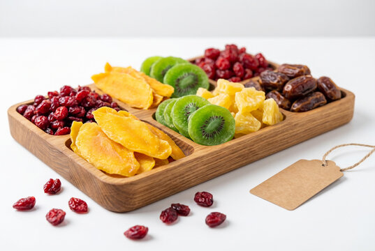 Wooden divided tray filled with assorted colorful dried fruits next to a blank paper price tag