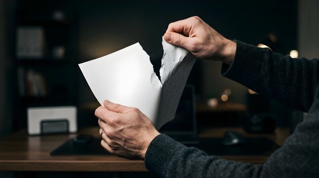 Man tearing a blank sheet of paper in a dimly lit office environment