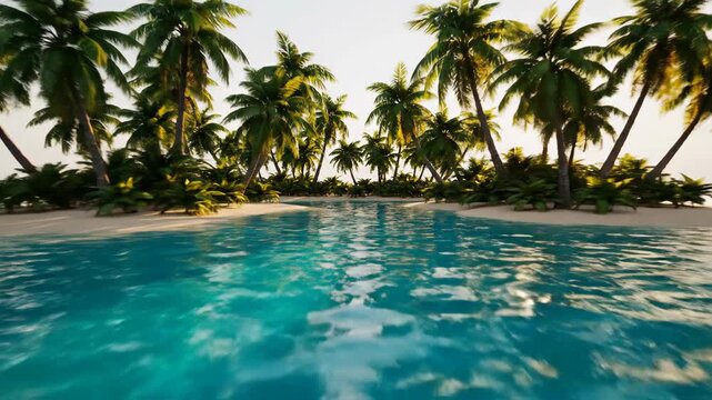 Tropical palm island floating in turquoise water on white background