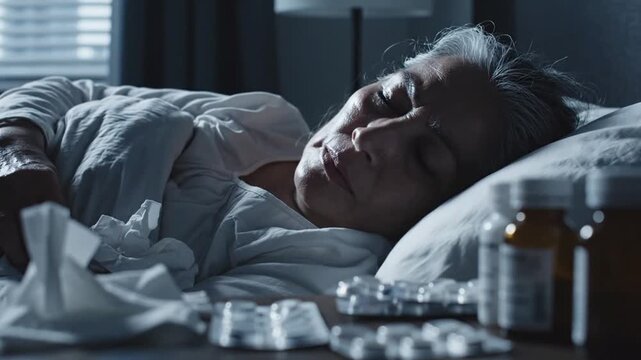Elderly Person Sleeping Surrounded By Pills And Tissues