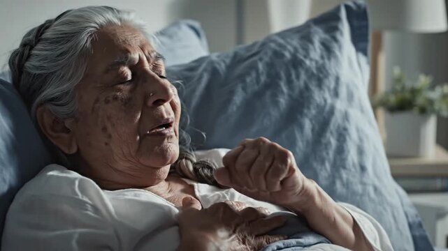 Elderly Woman Coughing In Bed Close Up Detailed Shot 4K