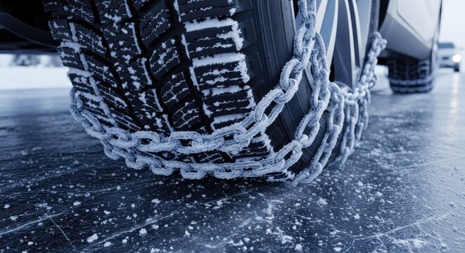 Tire with chains on icy surface for winter driving safety