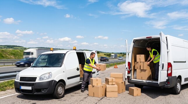 Couriers transferring cardboard boxes between delivery vans on highway shoulder
