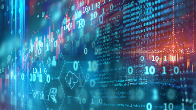 The financial technology display features software programming source codes, binary digits, and stock market line charts, illustrating the economic impact of algorithmic trading development, fintech