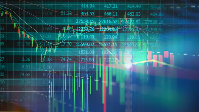 The financial screen data display features multiple stock line graphs, volume bars, and market price tables, illustrating the economic impact of global stock exchange movements, technical chart