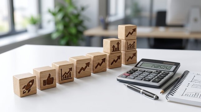 Wooden blocks arranged as growth chart with calculator and notebook on desk representing business strategy, financial planning and economic success concept.