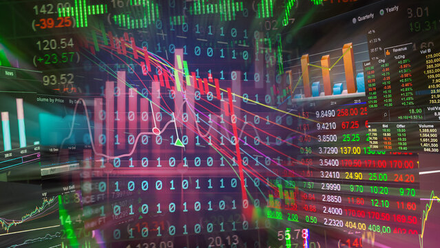 The stock financial data display features candlestick charts, falling market figures, and binary code overlays, illustrating the economic impact of global market volatility, bearish investment trends