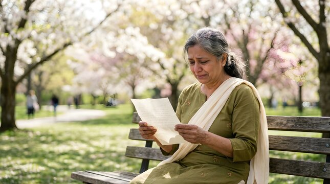Sad senior Indian woman reading a letter on a park bench in spring