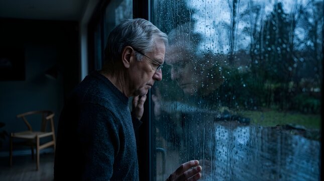 Senior man looking out of window at rainy weather feeling pensive inside