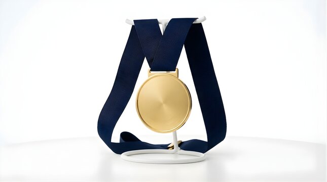 Shiny gold medal with dark blue ribbon hanging on a stand for success