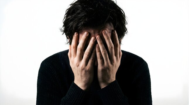 Stressed man covering his face with hands in a moment of despair