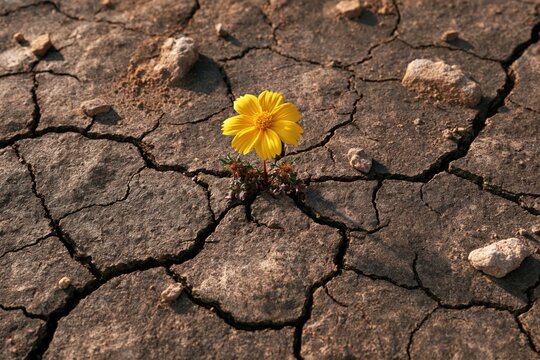 A small yellow flower blooms through cracked , symbolizing resilience in a drought-stricken landscape.