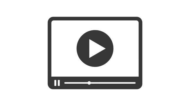 Minimalist black video player icon featuring a centered triangular play button symbol and a loading progress bar isolated on a clean bright white background surface