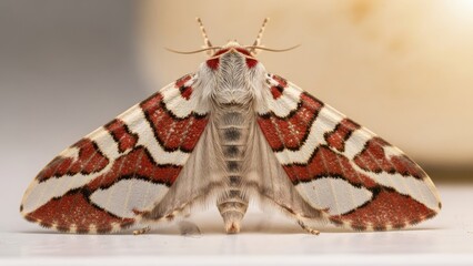 Obraz premium Close-up macro of a moth with intricate red and white wing patterns, viewed from front