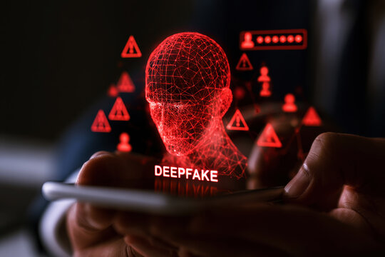 Data protection concept showing hands typing, with deepfake and hacker warnings addressed by strong cyber security measures for online accounts.