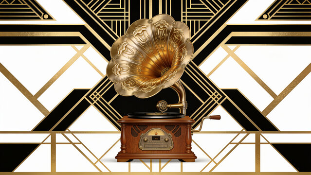 Art deco vector illustration of a vintage gramophone, symmetrical gold pattern