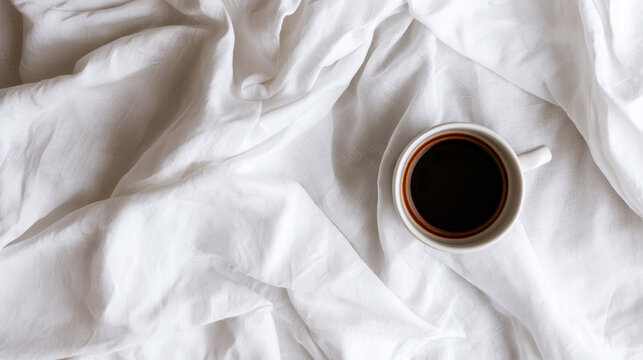 White Ceramic Cup of Black Coffee on Rumpled White Bed Sheets Morning Lifestyle Concept Calm luxury visual identity.