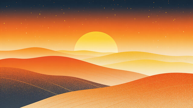 Grainy gradient vector illustration of a sunrise over hills, warm gradient noise texture