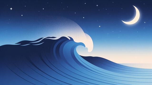 Grainy gradient vector illustration of a wave and moon night scene, deep blue gradient noise