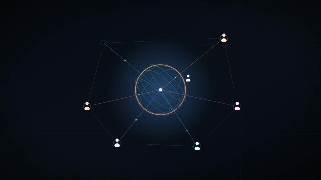 Abstract scientific atomic structure visualization on dark background an animated representation of an with glowing orbital rings and central core particles