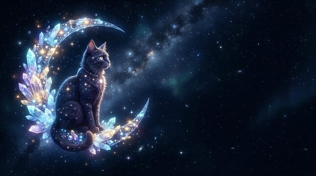 Silhouette of sitting cat surrounded by glowing cosmic energy and starlight, mystical galaxy background with nebula effects for fantasy and spiritual designs.